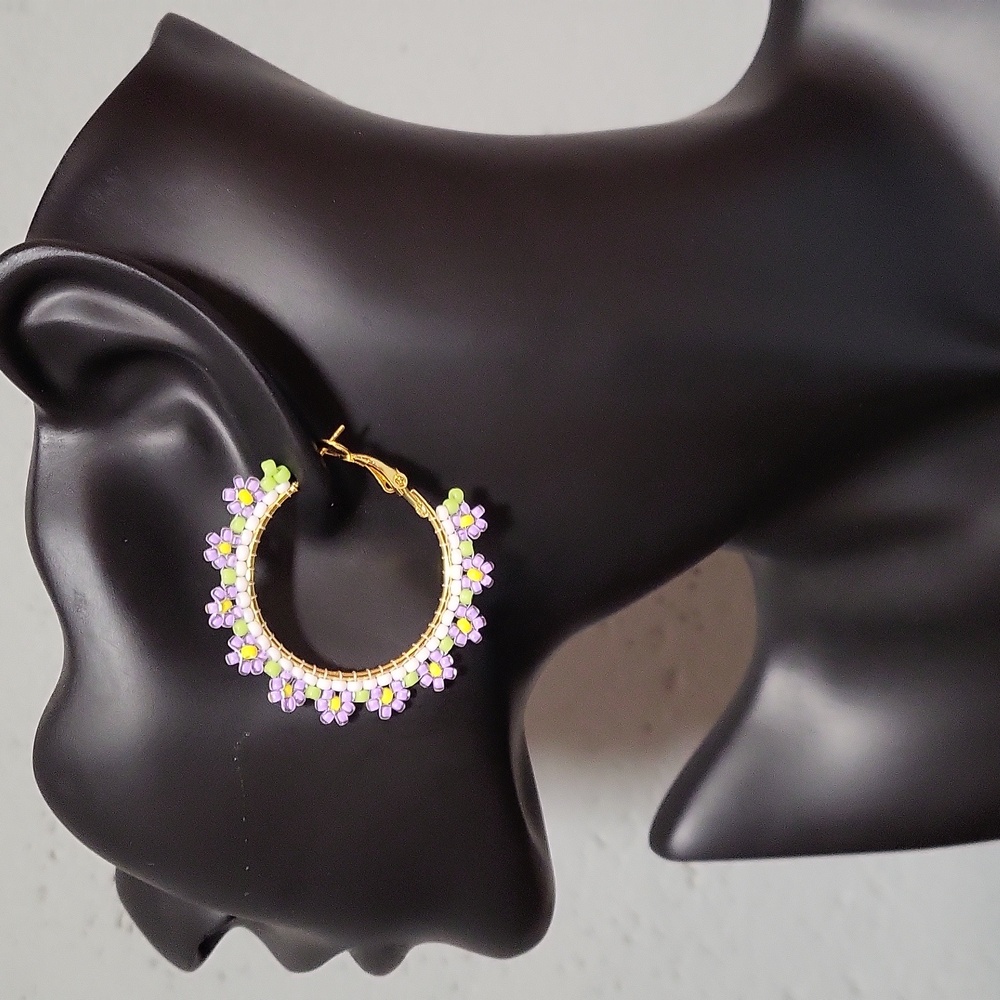 Handmade Floral beaded Earrings – Lavender, Yellow, Green, and White.